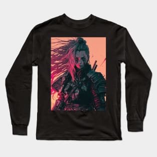 80s Cyberpunk Female Samurai On A Battlefield Long Sleeve T-Shirt